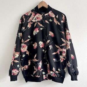 Chaps Satin Bomber Jacket Size L Black Pink Floral Colorful Snap Buttons